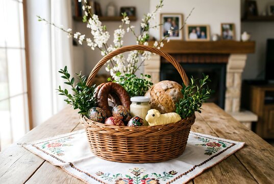 Traditional Easter basket filled with decorated eggs, braided bread, sausage, butter lamb and spring greenery on a rustic wooden table. Cozy home interior with fireplace in soft focus background.