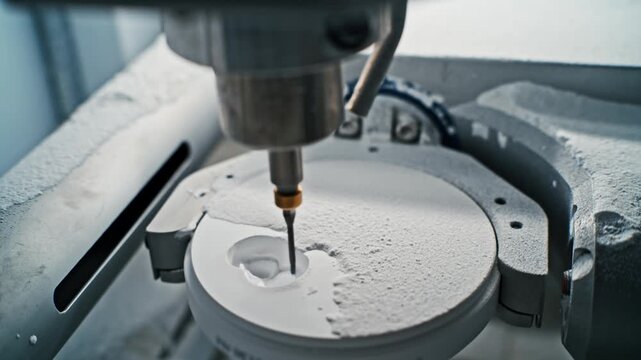 CNC Dental Milling Machine Carving Artificial Teeth in Modern Dental Laboratory. High Precision CNC Dental Milling Machine Creating Artificial Teeth Close Up. Advanced CAD CAM Dental Milling Machine