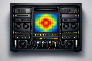 Fototapeta premium Advanced audio processing system displaying digital waveform patterns, high definition pixel matrix, vibrant color spectrum, and intricate circuitry, representing audio technology integration