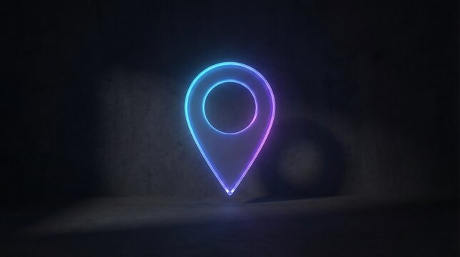 Glowing blue and purple neon map pin on a dark background location