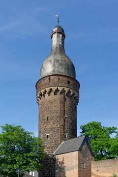 Historic Rhine Tower Rheinturm in the Medieval Fortress Town of Zons Germany with Brick Masonry and City Walls