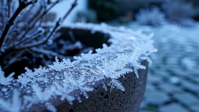 Close view of delicate ice crystals on a stone planter rim, winter garden texture for seasonal backgrounds, calm frosty morning mood near a path