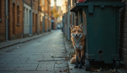 Fox pausing near a dark green dumpster in a backstreet, ears alert