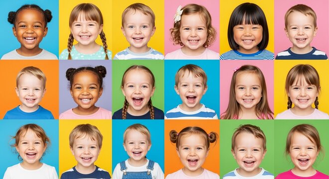 Vibrant and Joyful Multicultural Portraits of Happy Children Smiling in a Colorful Studio Setting