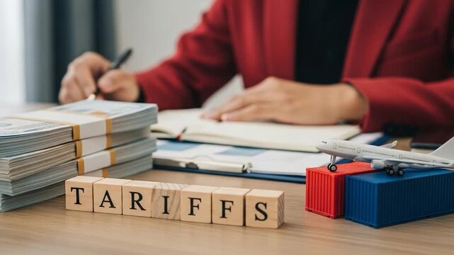 The concept of Tariffs in international business. The image depicts a person is working on an agreement involving tariffs, money and logistics. 