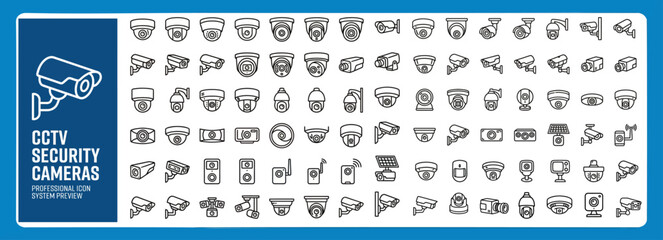 CCTV Security Camera Icons — Outline Vector Set with Dome, Bullet, PTZ, Surveillance Monitor, DVR, Recording and Smart Security Symbols for UI and App Design © Pixel_Forge