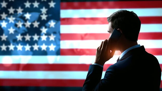 Faceless rear-view silhouette of a leader making an intense phone call, background filled with blurred geopolitical diagrams and neutral flag colors, atmospheric haze, with copy sp