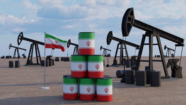 Iranian Oil Industry Concept with Pumpjacks, National Flag of Iran, and Stacked Crude Oil Barrels