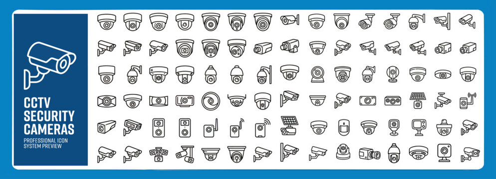 CCTV Security Camera Icons &mdash; Outline Vector Set with Dome, Bullet, PTZ, Surveillance Monitor, DVR, Recording and Smart Security Symbols for UI and App Design