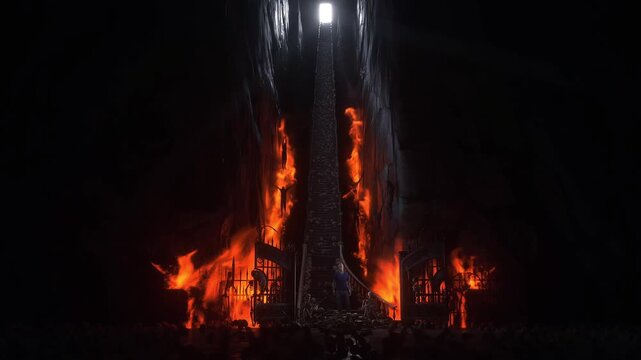 Man in hell. Sinner. A lonely sinfull man stands in front of a hell gates. Hell fire. Religious concept. Realistic 4k animation.