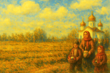 A family walks with baskets toward the church in this painted scene reminiscent of Easter celebration, faith, and Ukrainian culture