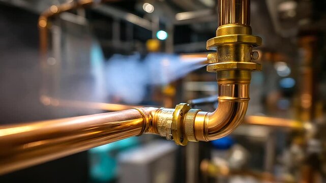 Industrial maintenance concept copper boiler piping in focus, steam drifting, blurred mechanical background, with copy space