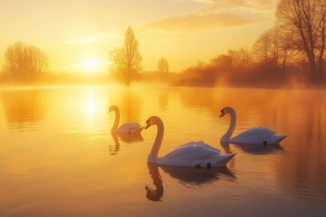 Naklejka premium Swans gracefully glide across a tranquil lake at sunrise in soft golden light