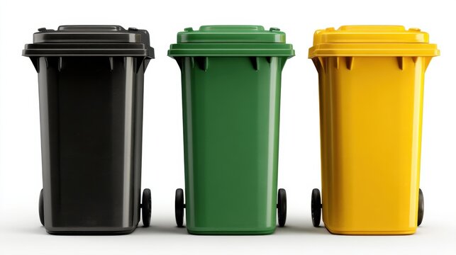 Black, green, and yellow wheelie bins for recycling and waste management