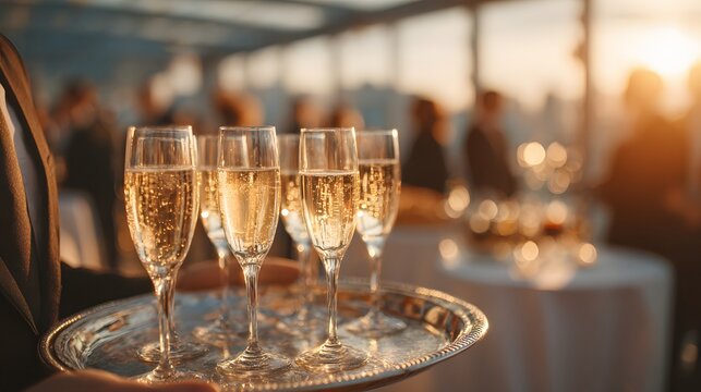Gold and amber champagne flutes on silver tray served by waiter at luxury rooftop reception during warm sunset, elegant corporate celebration atmosphere
