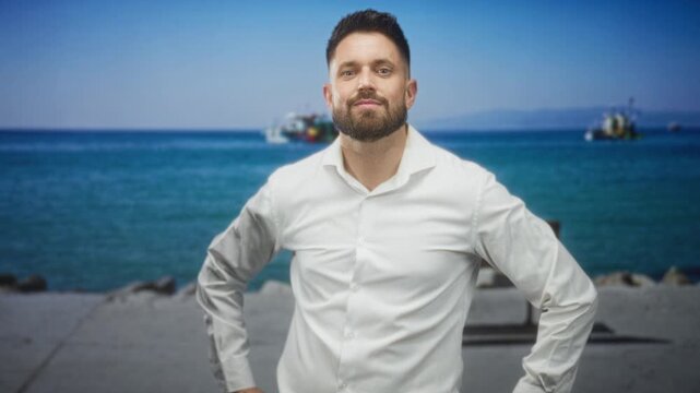 Man with beard in a white shirt leaning, hands on hips, gaze to camera on a street by the sea with bench and boats; confidence leisure.