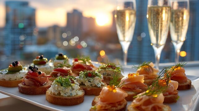 rooftop catering plate with gourmet canap&eacute;s and champagne flutes at sunset, luxury city skyline appetizer spread for corporate event