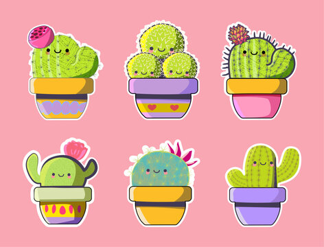 Set of stickers cute cactus detailed texture