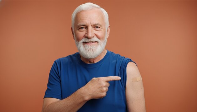 Smiling senior man with white beard pointing to a bandage on his upper arm after receiving a vaccination or injection against a warm brown background.