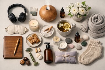 Home wellness essentials featuring natural herbs, soothing aroma oils, cozy textures, relaxation items, and warm tea infusions promoting a sense of tranquility and mindfulness