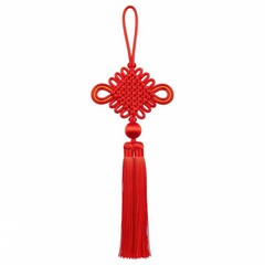 Obraz premium Vibrant red chinese tassel decoration with intricate knot design hanging against white background