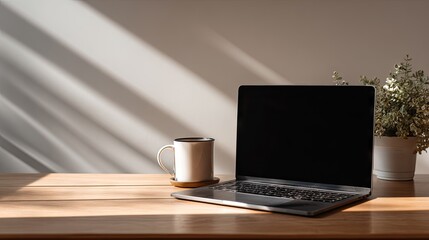 Fototapeta premium Laptop on wooden desk with coffee cup and plant in sunlight