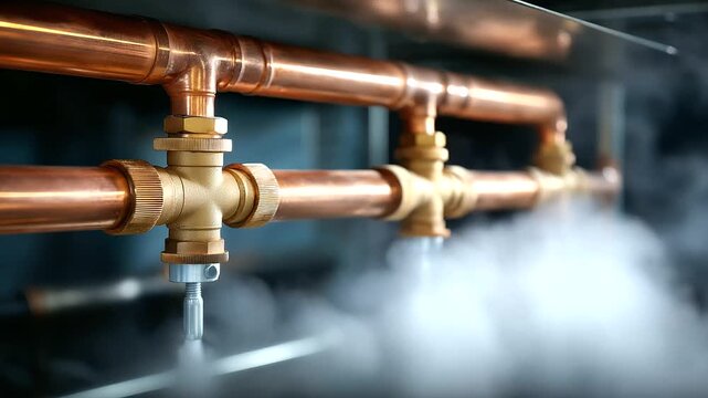 Faceless HVAC system detail with copper pipes and control valves, steam haze, shallow focus, neutral industrial background, with copy space