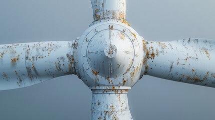Close up of wind turbine hub and blades with visible rust and weathering, industrial detail of renewable energy infrastructure showing maintenance and aging materials