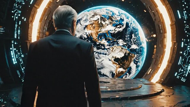 Businessman looking at Earth through portal in futuristic sci-fi lighting for technology and exploration.