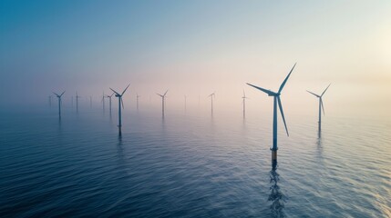 Large offshore wind farm at sunrise with turbines aligned across calm ocean surface, aerial drone view of sustainable energy production and green power infrastructure