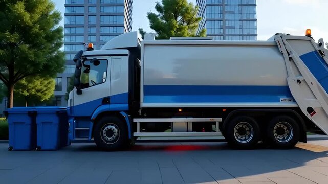 garbage truck parked near blue waste containers on modern city street with buildings