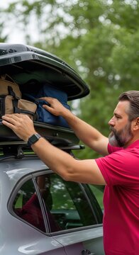 Bearded man in bright pink shirt loading luggage into a roof cargo box on a car outdoors with green bokeh background.