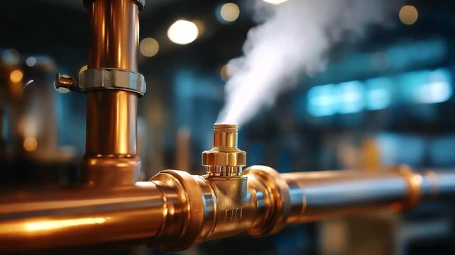 Industrial close-up of copper plumbing in residential heating system, steam drifting upward, background intentionally blurred, with copy space