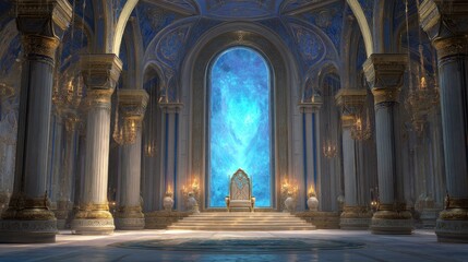 Fototapeta premium Majestic blue and gold fantasy castle interior with ornate throne and grand archway