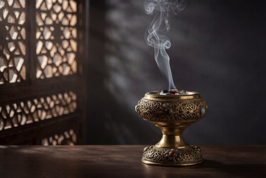 Traditional golden incense burner emitting smoke on wooden table with carved Islamic screen background