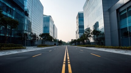 Fototapeta premium Modern urban street with glass buildings and clear sky in business district