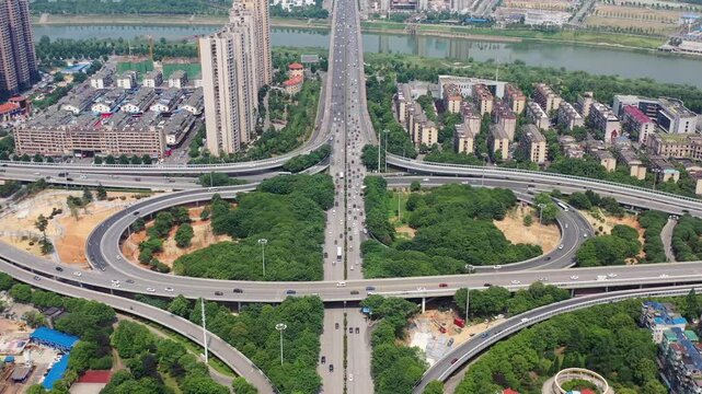 Changsha Sifangping Overpass Aerial View with Xiangjiang River
