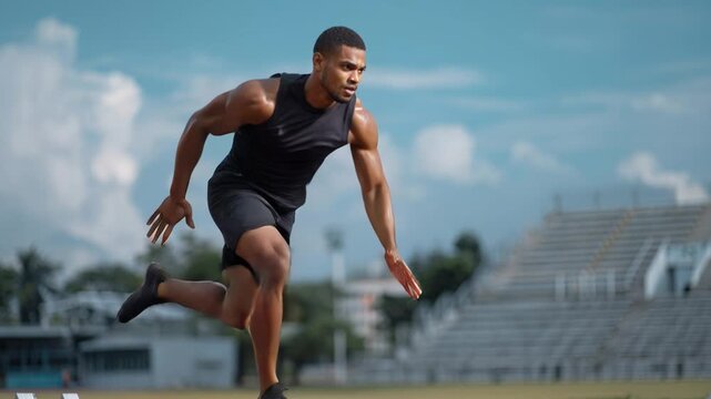 Track and field sprinter accelerating forward, athletic motion, competitive race, outdoor stadium, track athlete, speed training, performance sport.