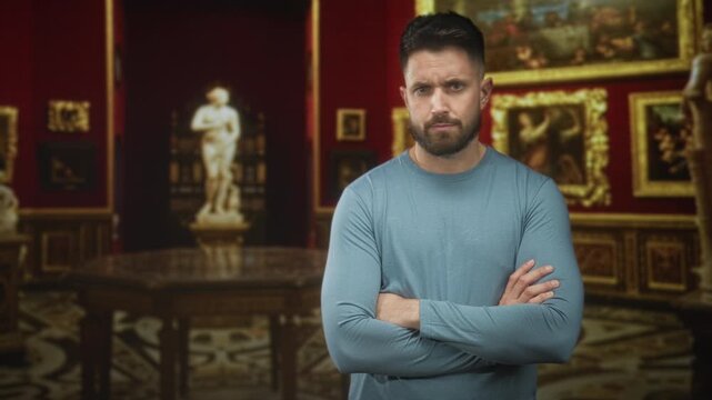 Man with beard arms crossed beside classical statue and gilded paintings inside ornate museum building; art contemplation skepticism.