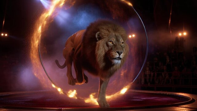 Lion performing acrobatic leap through flaming hoop, circus act, animal show, arena spectacle, dramatic stunt, wild performance, theatrical display.