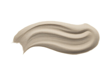 A close-up view of three swirls of creamy, light brown substance on a white background