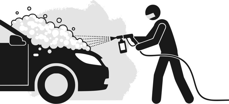 Worker spraying active foam on a car silhouette: Design for car wash signage, auto detailing services, or maintenance service flyers. Transparent background EPS version.