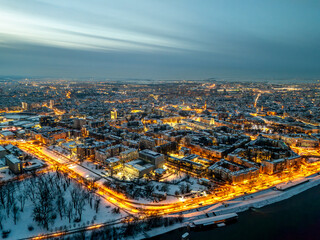 Aerial Night Panorama of Novi Sad City Skyline in Winter, Serbia