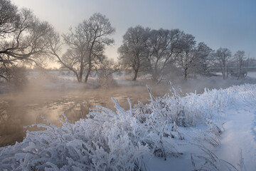 Beautiful Winter River in Golden Colors of Warm Sunlight with Trees Along Shore in the Morning
