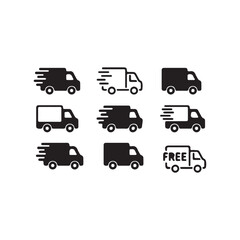 Set of transportation icons with cars, trucks,s buses, and vans vector symbols