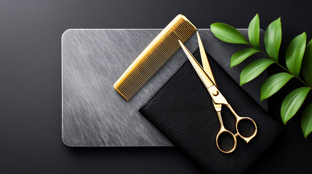 Golden barber scissors and metal comb on black leather notebook with green leaves on textured stone surface and dark background