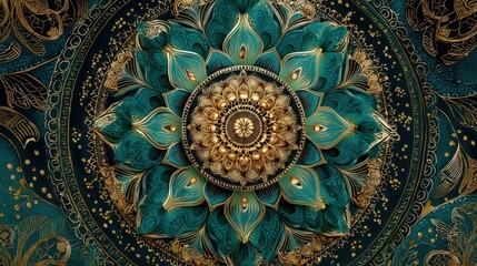 Fototapeta premium Intricate gold and teal mandala art with floral patterns
