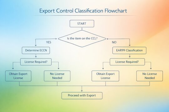 Export Control Flowchart Visualizing the Steps to Determine Export License Requirements for Items on the Commerce Control List and EAR99 Classification Process
