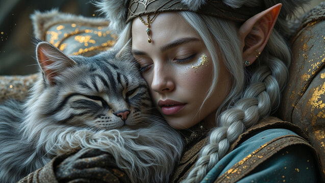 Ein Elf kuschelt mit einer langhaarigen Katze