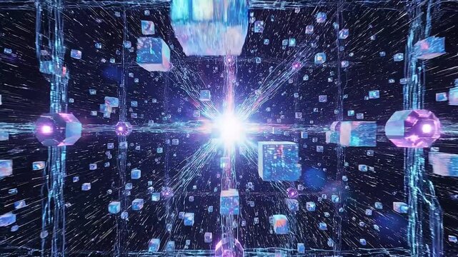 Video Game chase concept motion graphic. Virtual Reality race flyby inside a retro neon cyber city. flash back of 80s computer games. Abstract Neon futuristic VJ tech background. 3D render, 4K loop